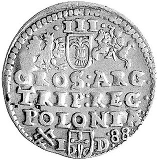 trojak 1588, Poznań, znak haki z lewej a końcówka daty z prawej strony herbu Przegonia, Wal. II 1, Kurp. 550 R1.