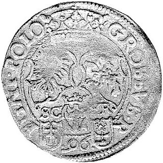 grosz 1596, Bydgoszcz, podobny do Kurp. 279 R5 ale odmiana napisu na rewersie - mała literka L na jego końcu nad koroną królewską, H-Cz. 7339 R4, T. 18, bardzo ładnie zachowany i rzadki egzemplarz.