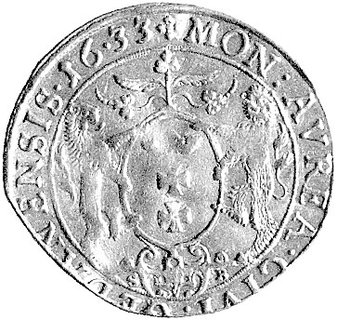 dukat 1633, Gdańsk, bardzo rzadka odmiana z powtórzoną datą pod ramieniem króla, H-Cz. 7573 R7, Fr. 15, T. 80, złoto, 3.22 g, obcięty.