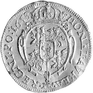 dukat 1653, Wschowa, podobny H-Cz. 6728 R6 ale odmienna interpunkcja, moneta identyczna jak egzemplarz z kolekcji Zygmunta Chełmińskiego poz. 791, T. 400, złoto, 3.43 g, nieco porysowana ale ogromnie rzadka i piękna moneta.