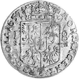 ort 1657, Kraków, odmiana z literkami IT pod popiersiem króla i S-CH po bokach tarczy herbowej, Kurp. 395 R, Gum. 1750.