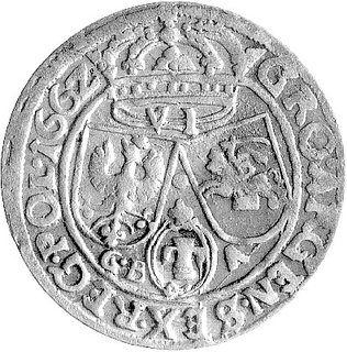 szóstak 1662, Lwów, nieopisana odmiana awersu IO CASIM D G-REX PO ET SVE, rewers Kurp. 196, Gum. 1706