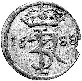 szeląg 1688, Gdańsk, Kurp. 1261, Gum. 2040, ładnie zachowana, bardzo rzadka i niedoceniona w literaturze moneta.