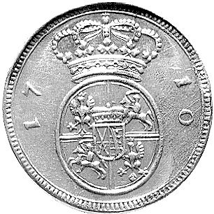 próba w srebrze dukata 1710, Drezno, Merseb. 1480, waga 3.22 g, moneta bardzo rzadka wybita z okazji odzyskania przez Augusta tronu polskiego, ładny egzemplarz,patyna.