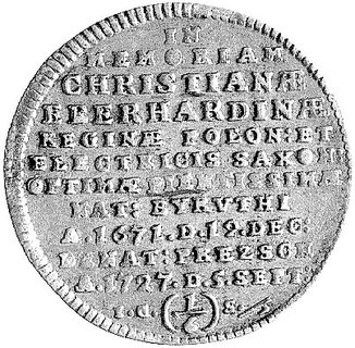 1/6 talara 1727, Drezno, Kam. 638 R2, Merseb. 1661, rzadka moneta wybita z okazji śmierci królowej Krystyny Eberhardyny.