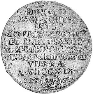 dwugrosz 1719, Drezno, Kam. 631 R2, rzadka moneta wybita z okazji ślubu Fryderyka Augusta II z Marią Józefą.