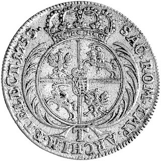 tymf 1753, Lipsk, Aw: Szczupłe popiersie króla w zbroi z czterema pionowymi paskami na ramieniu na zbroi, w otoku napis, Rw: jak nr 439.