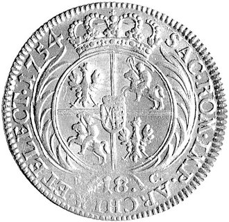 ort 1754, Lipsk, Aw: Duże popiersie króla w zbroi z czterema pionowymi paskami na ramieniu na zbroi, w otoku napis, Rw: jak nr 448.