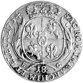 ort 1754, Lipsk, Aw: Popiersie króla z dużym podbródkiem w zbroi z czterema pionowymi pasami na ramieniu na zbroi, w otoku napis, Rw: jak nr 465.