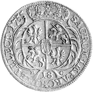 ort 1755, Lipsk, Aw: Popiersie króla z dużą głową i z dużym podbródkiem w zbroi z czterema pionowymi pasami na ramieniu na zbroi, w otoku napis, Rw: podobny do nr 487.