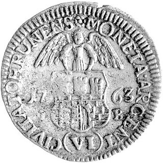 szóstak 1763, Toruń, odmiana z omyłkowym napisem TOHRUNENS, Kam. 1036 R3, Merseb. 1819, rzadki.