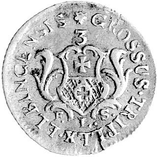 trojak 1763, Elbląg, Kam. 1066 R5, Merseb. 1813, wybity w czystym srebrze 1.99g, bardzo rzadki.