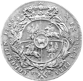 talar 1766, Warszawa, trzeci egzemplarz ale odmiana - kropki po literkach F-S, Plage 381, Dav. 1618, patyna.