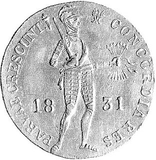 dukat 1831, Warszawa, odmiana z kropką przed pochodnią, Plage 269, Fr. 114, złoto, 3.47 g.