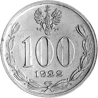 100 bez nazwy (marek) 1922, Józef Piłsudski, Parchimowicz P-166b, wybito 100 sztuk, brąz, 7.94 g, Orzeł blisko cyfry 0, piękna moneta ze starą patyną.