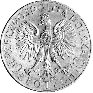 10 złotych 1932, Głowa Kobiety, na rewersie wypukły napis PRÓBA, Parchimowicz P-152a, wybito 100 sztuk, srebro, 21.99 g.