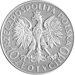10 złotych 1933, Sobieski, moneta bez napisu Próba wybita stemplem lustrzanym, Parchimowicz P-153b, wybito 100 sztuk, srebro, 22.16 g.