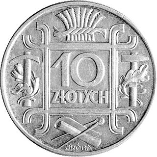 10 złotych 1934, Klamry, na rewersie wypukły napis PRÓBA, Parchimowicz P-160a, wybito 100 sztuk, srebro, 18.07 g, patyna.
