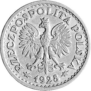 1 złoty 1928, Wieniec - gałązki z owocami, bez napisu Próba, Parchimowicz P-127a, wybito 30 sztuk, nikiel, 6.95 g, ładny egzemplarz.