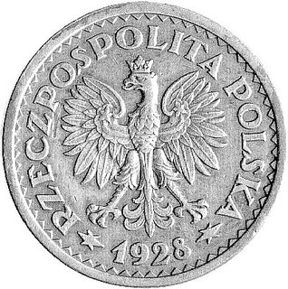 1 złoty 1928, Wieniec - gałązki z owocami, bez napisu Próba, Parchimowicz P-127c, wybito 5 sztuk, miedź, 7.09 g.