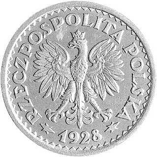 1 złoty 1928, Wieniec z kłosów zbóż, bez napisu Próba, Parchimowicz P-125a, wybito 15 sztuk, nikiel, 7.04 g.