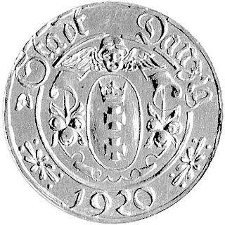 próbne 10 fenigów 1920 Gdańsk, J. D 1a, Parchimowicz P-51, atest oryginalności ze zdjęciem podpisany przez Ericha Paprotha, srebro, wybito 27 sztuk, 4,6368 g, ogromnie rzadka i pięknie zachowana moneta.