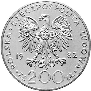 200 złotych 1982, Szwajcaria, II wizyta papieża Jana Pawła II w Polsce, Parchimowicz 316b, wybito 3650 sztuk, srebro.