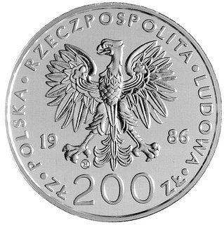 200 złotych 1986, Szwajcaria, II wizyta papieża Jana Pawła II w Polsce, Parchimowicz 316b, wybito 75 sztuk, srebro, bardzo rzadka moneta.