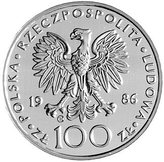 100 złotych 1986, Szwajcaria, II wizyta papieża Jana Pawła II w Polsce, Parchimowicz 294d, wybito 128 sztuk, srebro, bardzo rzadka moneta.