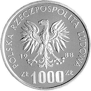 1000 złotych 1988, Jadwiga, na rewersie wypukły napis PRÓBA, Parchimowicz P-495a, wybito 2500 sztuk, srebro, bardzo duża rzadkość.