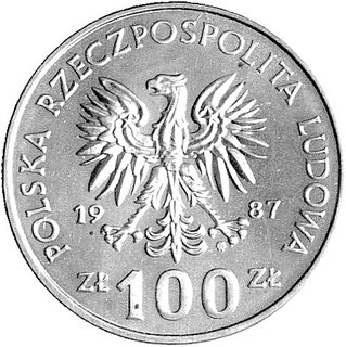 100 złotych 1987, Kazimierz Wielki, na rewersie wypukły napis PRÓBA, Parchimowicz notuje tylko próbę wybitą w niklu, nakład nieznany, miedzionikiel, 10.55 g.