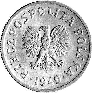 50 groszy 1949, na rewersie wklęsły napis PRÓBA, nienotowana dotychczas w literaturze odbitka w miedzi, 5.14 g, bardzo rzadka moneta.