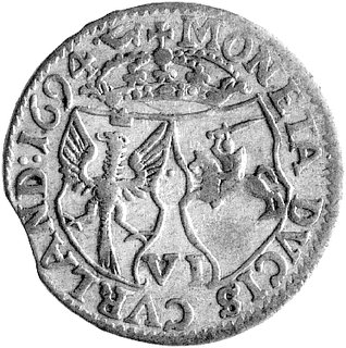 szóstak 1694, Aw: Popiersie księcia, Rw: Tarcze herbowe, Neumann 312, Kurp. 1296 R4.