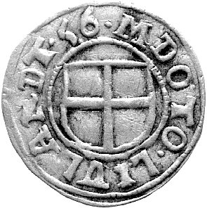 Henryk von Gallen (1551-1557), szeląg 1556, Aw: Na długim krzyżu tarcza herbowa, Rw: Tarcza zakonu, Neumann 257, Fedorow 161.