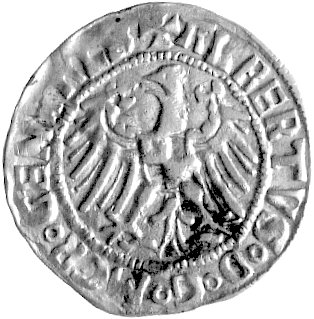 grosz 1521, Królewiec, Aw: Orzeł brandenburski i napis ALBERTVS D G MGR GENERALIS, Rw: Tarcza wielkiego mistrza na tle długiego krzyża i napis SALVA - NOS - DOMIN - A 1521 , Bahr. -, Neumann 38, Voss. -, 1.07 g, bardzo rzadka moneta tego typu z roku 1521 znana z Vossberga w jednej odmianie napisowej, innej niż obecnie prezentowana.