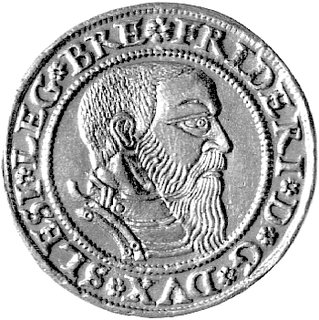 dukat 1544, Legnica, Aw: Głowa, Rw: Czteropolowa tarcza herbowa, F.u.S. 1361, Fr. 3138, złoto, 3.54 g, moneta bardzo rzadka.