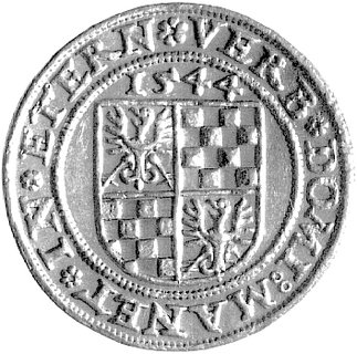 dukat 1544, Legnica, Aw: Głowa, Rw: Czteropolowa tarcza herbowa, F.u.S. 1361, Fr. 3138, złoto, 3.54 g, moneta bardzo rzadka.