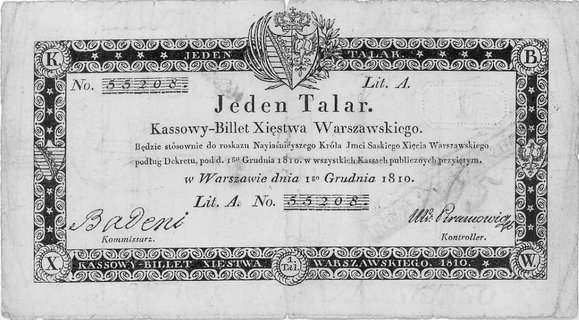 1 talar 1.12.1810, podpis komisarza: Badeni, Pic