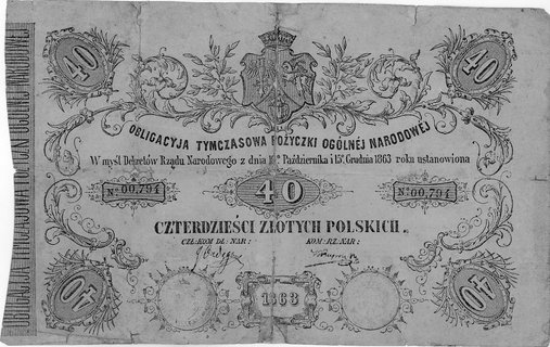 40 złotowa obligacja tymczasowa pożyczki ogólnej narodowej z 1863 roku, Moczydłowski S20.