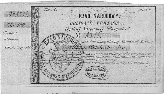 obligacja na 100 złotych z 186.. wydana przez Rząd Narodowy, Moczydłowski S4.