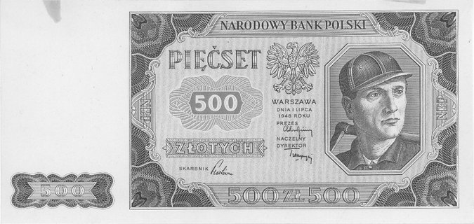 500 złotych 1.07.1948, Pick 140, druki jednostronne strony przedniej i odwrotnej, całość sklejona, próba druku koloru.