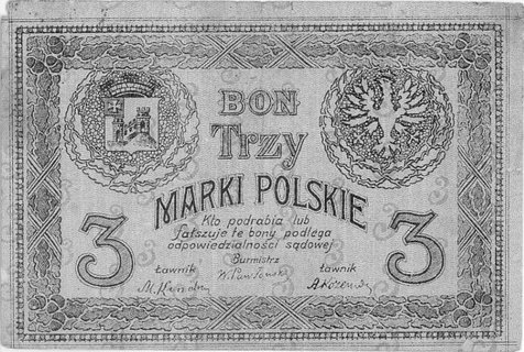 Krzemieniec - bony na 3 i 5 marek polskich, ważne do 1.03.1921, emitowane przez Magistrat - napisy w języku polskim, Jabłoński 770, 771, łącznie 2 sztuki.