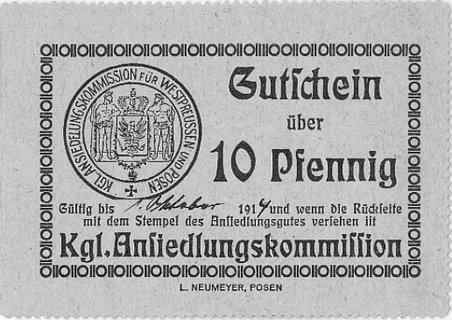 Poznań - bony na 10 i 50 fenigów(2 różne sztuki) wydane przez Ansiedlungskommission für Westpreussen und Posen, Keller 293.a(2), 293.b, łącznie 3 sztuki.