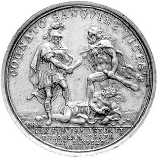 August II Sas 1694-1733- medal autorstwa F. H. Müllera (med. augsbursko-norymberski) z okazji zawarcia pokoju w Altranstädt w 1706 r., Aw: Mars i Herkules podają sobie dłonie ponad leżącą Niezgodą i napis: COGNATO SANGVINE VICTA, w odcinku: PAX SVECIAM ET POLONIAM PACTA ALT RANSTAD MDCCVI, Rw: Merkury lecący nad miastem i napis w otoku, w odcinku LIPSIA, H-Cz.2631 R, Racz.322 srebro 37 mm, 14.88 g., pokój ten pozbawił Augusta II korony polskiej- stąd brak tytulatury królewskiej Augusta II i Karola XII, obaj królowie byli braćmi ciotecznymi co ma odbicie w napisie na awersie