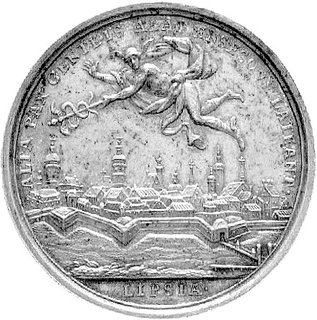 August II Sas 1694-1733- medal autorstwa F. H. Müllera (med. augsbursko-norymberski) z okazji zawarcia pokoju w Altranstädt w 1706 r., Aw: Mars i Herkules podają sobie dłonie ponad leżącą Niezgodą i napis: COGNATO SANGVINE VICTA, w odcinku: PAX SVECIAM ET POLONIAM PACTA ALT RANSTAD MDCCVI, Rw: Merkury lecący nad miastem i napis w otoku, w odcinku LIPSIA, H-Cz.2631 R, Racz.322 srebro 37 mm, 14.88 g., pokój ten pozbawił Augusta II korony polskiej- stąd brak tytulatury królewskiej Augusta II i Karola XII, obaj królowie byli braćmi ciotecznymi co ma odbicie w napisie na awersie