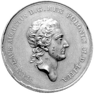 medal nagrodowy autorstwa Holzhaeussera 1766 r., Aw: Popiersie króla w prawo i napis w otoku, Rw: Trzy połączone wieńce