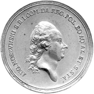 medal autorstwa Fryderyka Comstadiusa oferowany przez pracowników Mennicy Warszawskiej Augustowi Moszyńskiemu w 1771 r., Aw: Głowa w prawo i napis w otoku: AUG. MOSZYŃSKI S.R.I.... na szyi sygn. F.C., Rw: W wieńcu dębowym napis poziomy: REI NUMMARIAE PRAEFECTO .. VARSAVIAE ANNO MDCCLXXI, H-Cz.3959, brąz srebrzony 53 mm, 92.83 g.
