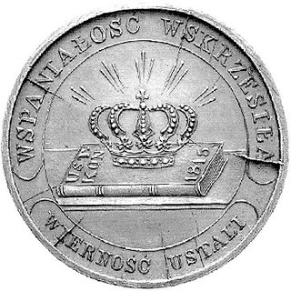 medal koronacyjny Mikołaja I z 1829 r., zaprojektowany przez J. Majnerta i odrzucony przez cara, Aw: Korona cesarska na księdze z napisem: UST. KON. 1815, napis w otoku: WSPANIAŁOŚĆ WSKRZESIŁA, WIER- NOŚĆ USTALI, Rw: Napis poziomy: MIKOŁAY I CESARZ WS. ROSSYI KRÓL POLSKI KORON. W WARSZAW. 1829, H-Cz.3630, brąz 30 mm, piękny egzemplarz z ładną patyną.