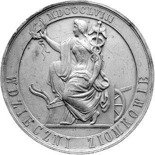 Leon Sapieha- medal autorstwa C. Radnitzkiego 1858 r., Aw: Popiersie w kontuszu w lewo i napis: LEO- NOWI KS: SAPIEŻE, w zewn. pierścieniu: PREZES: TOW: KREDYT:, Rw: Siedząca w lewo kobieta z symbolami rolnictwa, przemysłu i handlu i napis w otoku: WDZIĘCZNI ZIOMKOWIE MDCCCLVIII, H-Cz.4036, brąz 61 mm, 114.36 g., patyna.