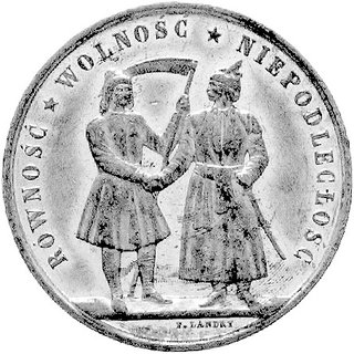 medal autorstwa F. Landry’ego wybity na pamiątkę Powstania Styczniowego, Aw: Postacie chłopa z kosą i szlachcica w kontuszu